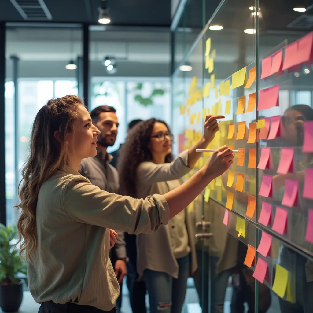 Equipo trabajando en una sesión de brainstorming